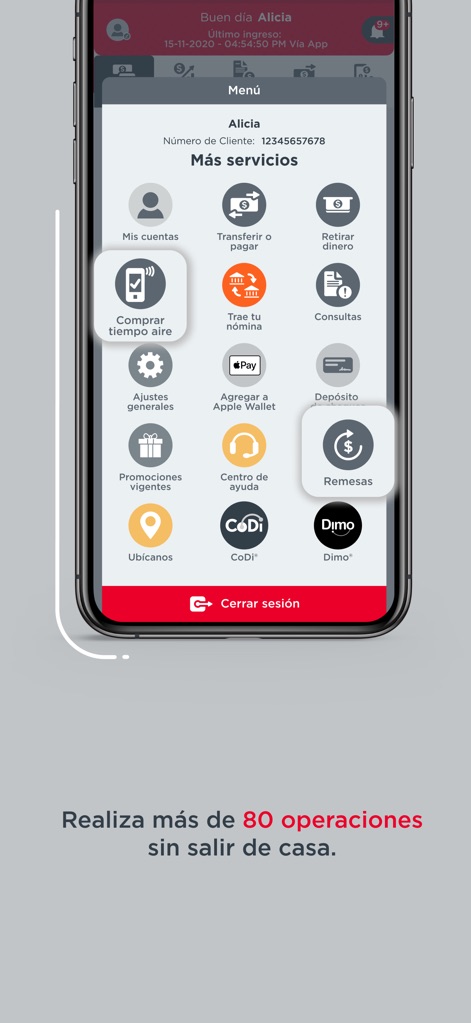 Banorte Movil - La aplicación consolida una amplia gama de 'Más servicios', incluyendo 'Retirar dinero' y 'Comprar tiempo aire', así como la integración de funcionalidades modernas como 'Agregar a Apple Wallet' y 'CoDi' para una gestión integral.