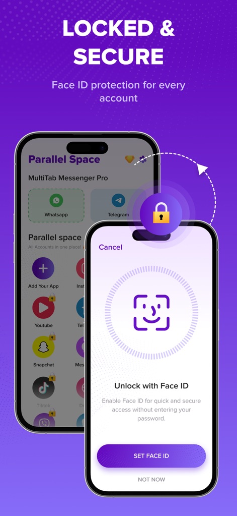 Parallel Space Dual Account - L'application intègre des fonctionnalités de sécurité robustes, comme la protection Face ID et le cadenas visuel, pour garantir la confidentialité des comptes clonés.