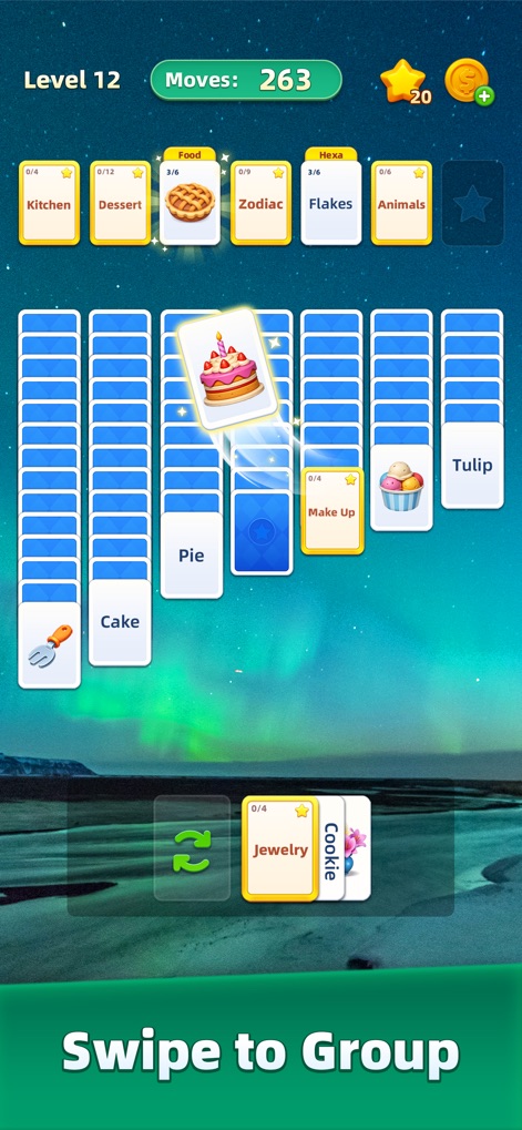 Word MindSort: Solitaire - This tool allows users to fluidly group cards by category and utilizes an intuitive 'Swipe to Group' mechanic for quick puzzle solving.