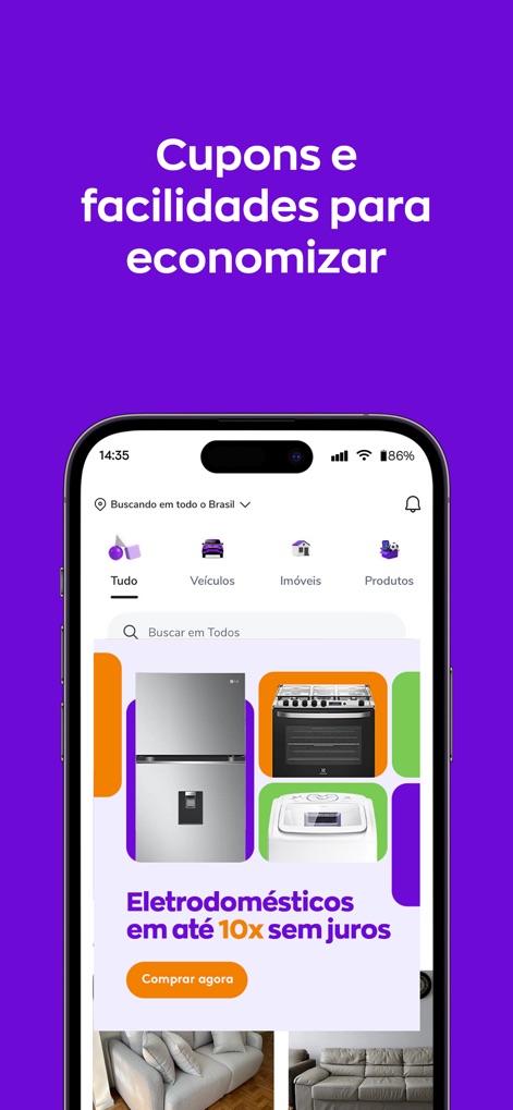 OLX - Comprar e vender online - メイン画面には、クーポンへのアクセスと最大10回の分割払いが可能な家電製品の特別プロモーションが表示され、節約を促進します。