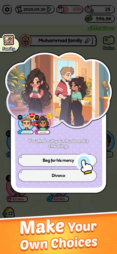 Family Go! - Lifetime Sim game - La aplicación presenta un evento de infidelidad con los retratos de los personajes involucrados y dos opciones de resolución claras.