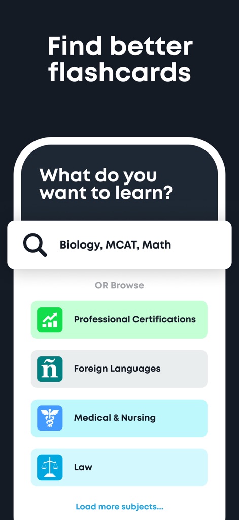 Brainscape - Study Flashcards - Uma barra de pesquisa intuitiva com a sugestão "Biology, MCAT, Math" e categorias explícitas como "Professional Certifications" e "Foreign Languages" facilitam a descoberta de conteúdo de estudo.