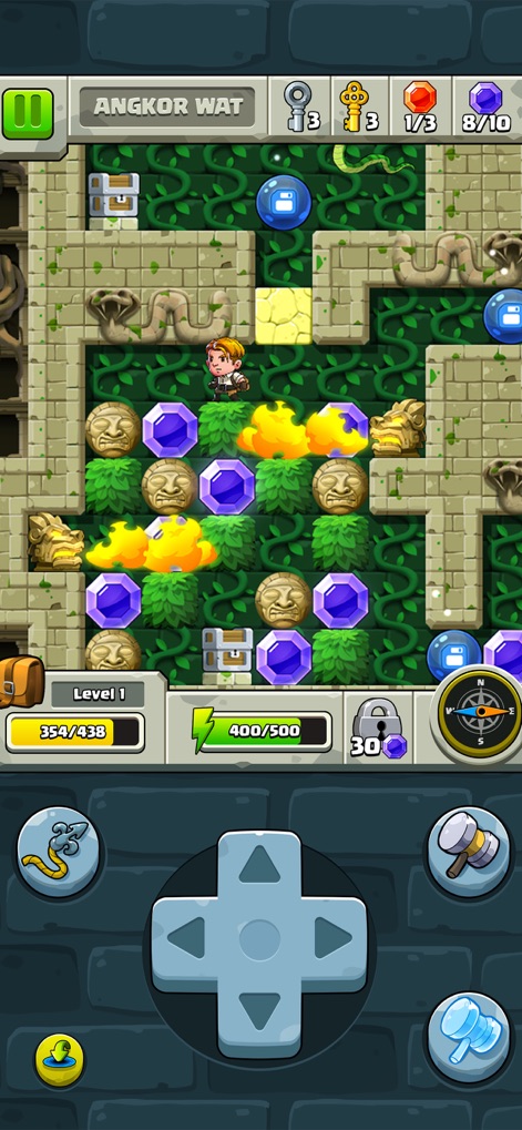 Diamond Quest: Don't Rush! - This screenshot showcases the lush Angkor Wat environment and the core gameplay loop of collecting purple gems while navigating stone block puzzles.