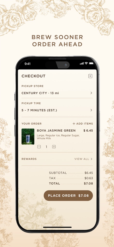 CHAGEE USA - O processo de finalização do pedido é otimizado, exibindo claramente o "Pickup store" selecionado e o "Pickup time" estimado, junto com o "TOTAL" final para uma transação transparente.