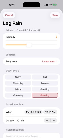 PainLog Symptom Journal iPhone screenshot