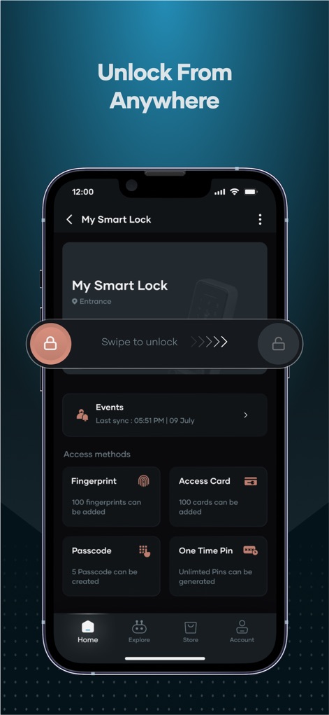 Qubo - Die App bietet eine intuitive „Swipe to unlock“-Funktion (X) für Smart-Schlösser und verwaltet zudem diverse Zugangsmethoden wie Fingerabdruck, Zugangskarte oder PIN (Y).