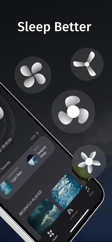 Tap Fan Noise for Sleep - 画面上部に表示される複数のファンブレードアイコンと、アンビエントサウンドとして「Light Rain」や「Deepest Sleep」などのミックスオプションが、ユーザーの安眠環境をパーソナライズします。