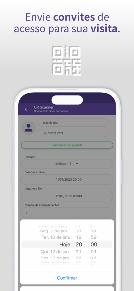 Condfy - Créez et envoyez des invitations d'accès via QR Code, en définissant la date et l'heure d'entrée et en précisant le nombre d'accompagnateurs autorisés.