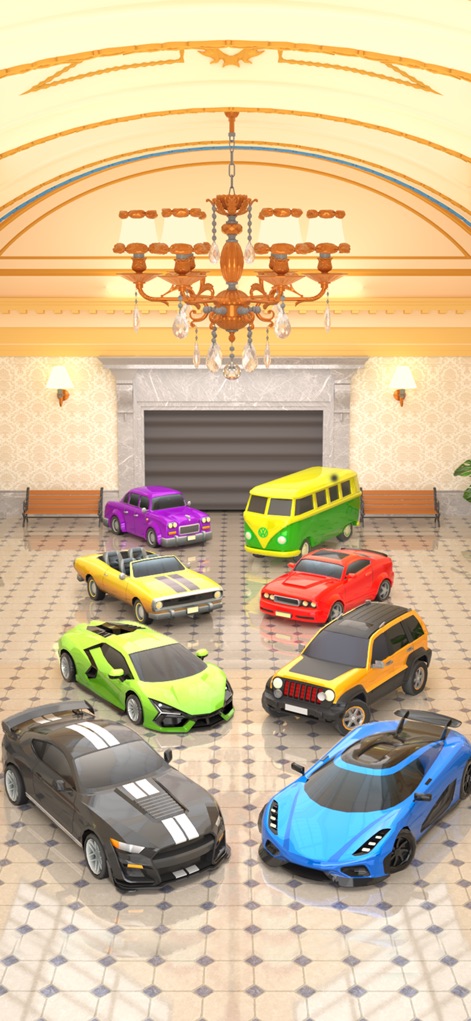 Bus Mania - Car Parking Jam - Esta imagem destaca um showroom elegante, adornado com um lustre impressionante e apresentando uma gama premium de veículos sofisticados, desde carros esportivos até vans estilosas.