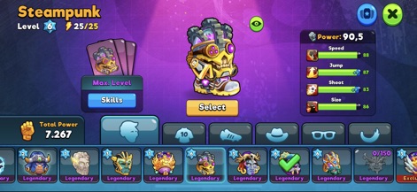 Head Ball 2 - Soccer Game - Explore the extensive character customization options, from unique designs like 'Steampunk' to a detailed panel displaying critical player statistics.