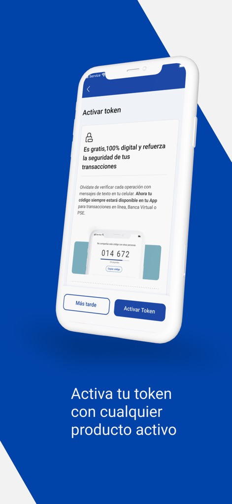 Banco de Bogotá - Questo strumento offre un token digitale gratuito e 100% sicuro, visibile tramite la chiara descrizione dei suoi benefici e la rappresentazione del codice generato (014 672), pronto per essere attivato per ogni operazione.