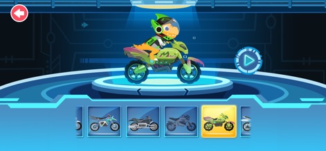Dirt Bike Games Kids - 바이크 커스터마이징 화면에서, 사용자는 다양한 바이크 중에서 자신만의 개성을 표현할 수 있습니다. 중앙의 초록색 바이크와 하단의 여러 선택 가능한 바이크 옵션을 통해 자신만의 차량을 만들 수 있습니다.