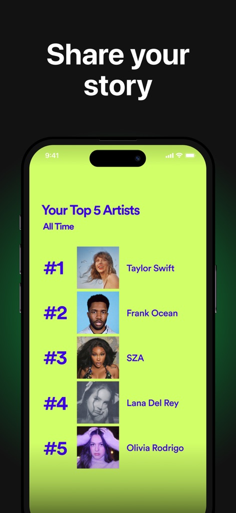 must.fm for Spotify Stats - La aplicación facilita compartir las listas de reproducción personalizadas, presentando de forma atractiva 'Your Top 5 Artists All Time' con imágenes de los artistas y un diseño optimizado para redes sociales.