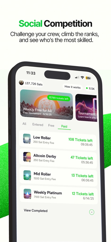 Ember - Free Games. Big Wins. - Gli utenti possono immergersi in competizioni avvincenti, esplorando tornei come il "Weekly Free for All" (X) e scegliendo tra diverse categorie di ingresso (Y) per scalare le classifiche.