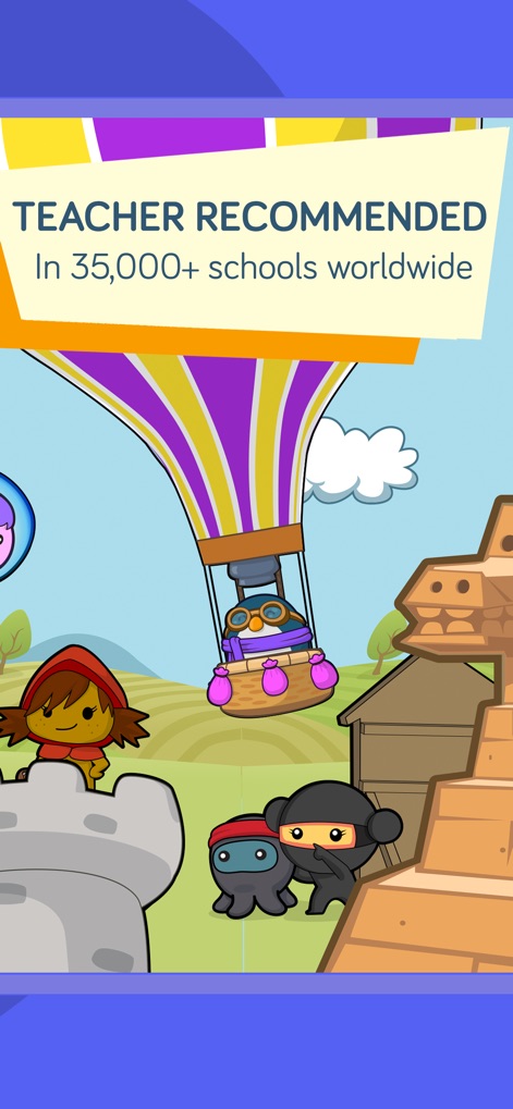 codeSpark - Coding for Kids - This screenshot highlights the app's widespread adoption in education, featuring a whimsical scene with diverse characters and the compelling "Teacher Recommended in 35,000+ schools worldwide" endorsement.