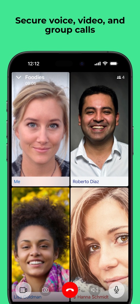 Threema. The Secure Messenger - Conduct secure, end-to-end encrypted group video calls, clearly showing multiple participants and offering intuitive call control options.