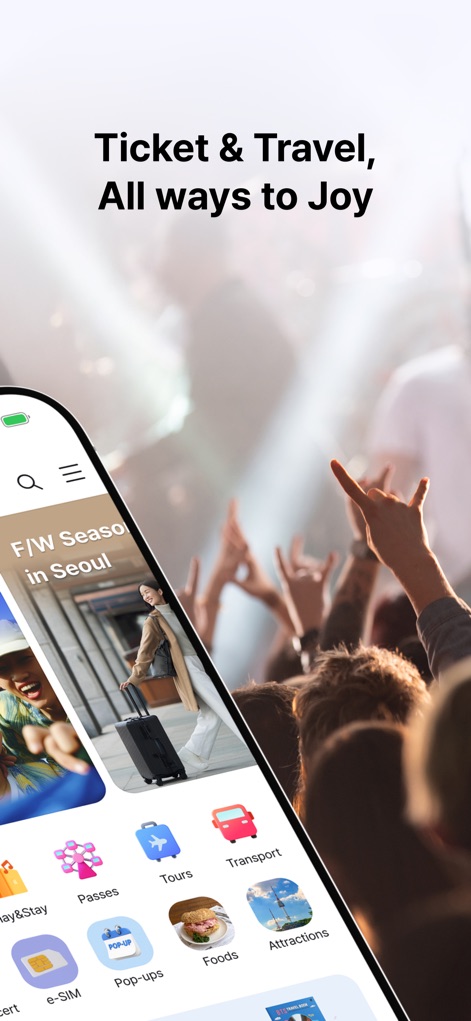 NOL World - See how the app's home screen offers quick access to various categories like 'Tickets' and 'Tours', set against a dynamic K-pop concert backdrop.