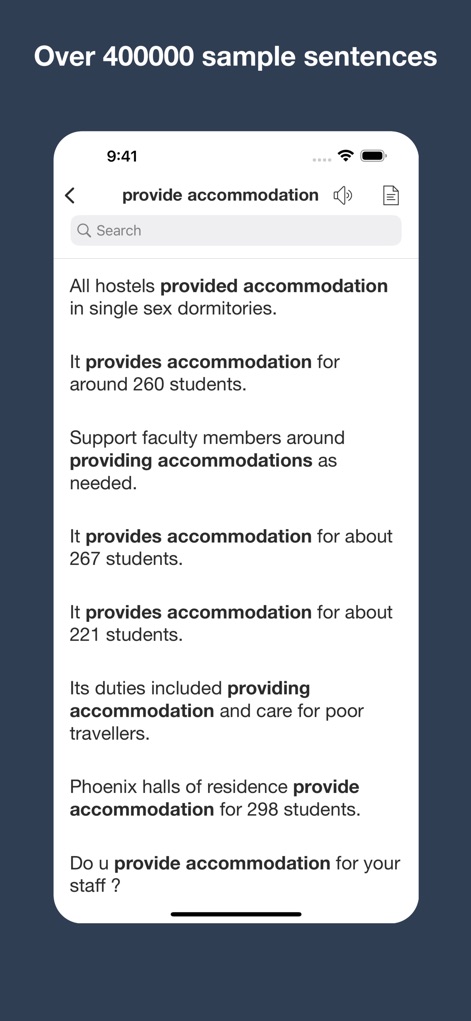 English Collocation Sentence - Explorez un vaste répertoire de plus de 400 000 phrases d'exemple tirées de diverses sources, offrant une richesse de contextes pour maîtriser l'usage des collocations.