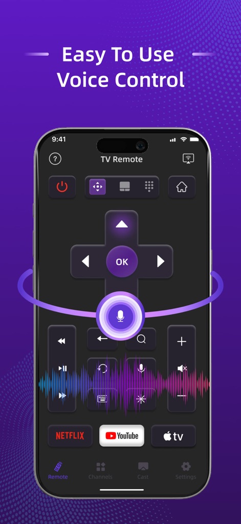 TV Remote - Universal Pro - L'application intègre une commande vocale réactive, symbolisée par son microphone central et la visualisation d'une onde sonore, pour une navigation et une recherche mains-libres.