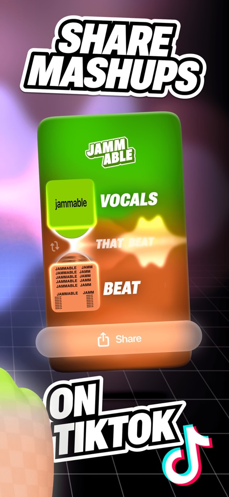 Jammable - Mashups - The app facilitates seamless sharing of unique audio mixes, featuring a clear 'Share' button for direct integration with platforms like 'TikTok', boosting social engagement.
