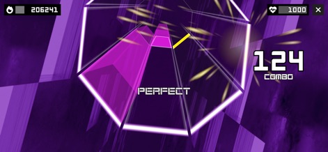 Sonolus - Users engage with dynamic purple geometric note patterns and receive instant feedback via "PERFECT" cues and a clear combo counter during active play.