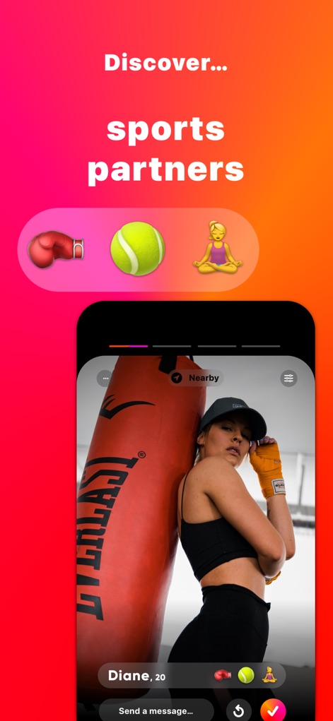 AtClub - Sports partners - Nutzer können Profile von Sportpartnern in ihrer Nähe entdecken, wie das Beispiel von "Diane, 20" neben einem Boxsack zeigt, inklusive spezifischer Sport-Emojis.