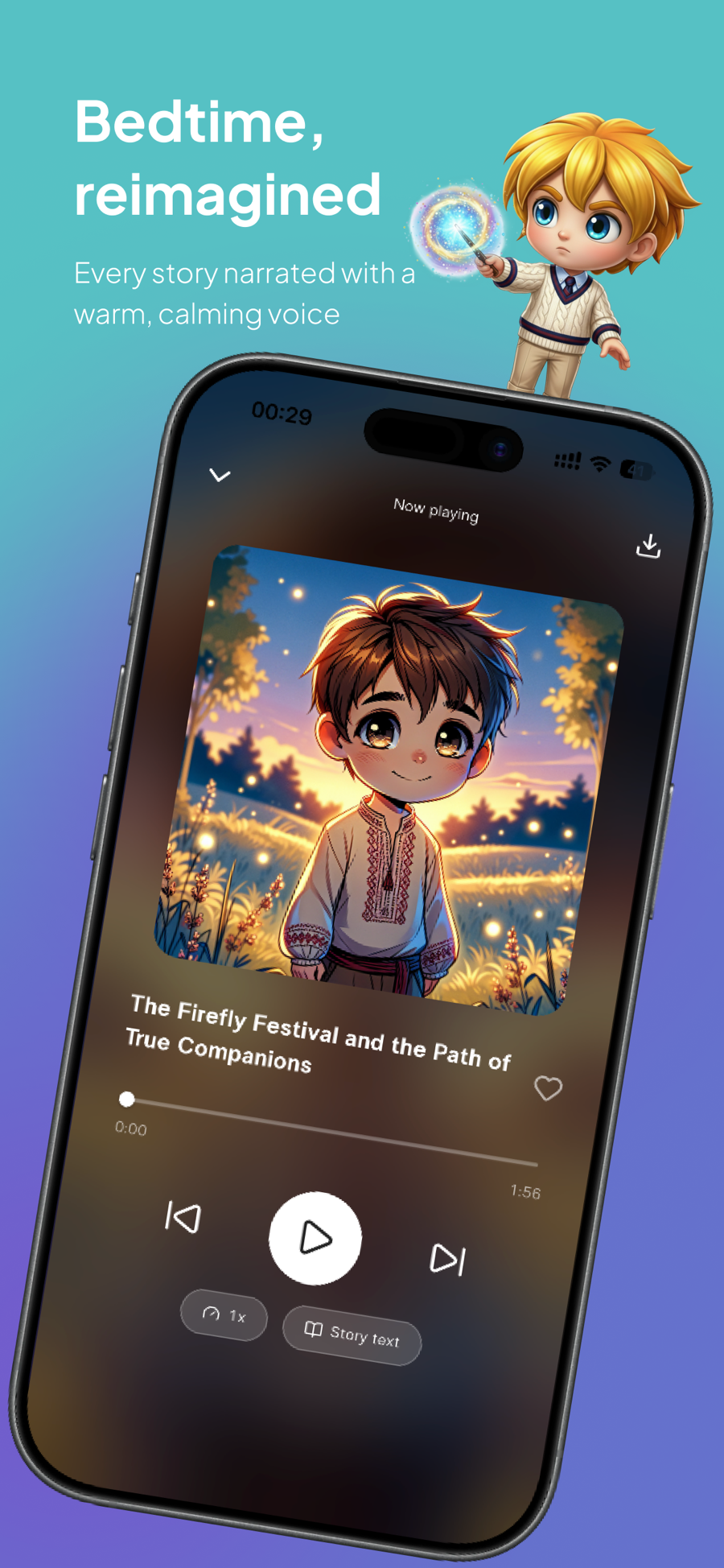 The audio player with an illustrated story and narration controls