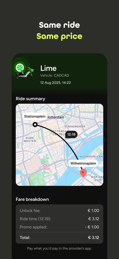 umob – all rides in one app - Users can review the clear fare breakdown, featuring an unlock fee and detailed ride time, ensuring complete cost transparency before booking.