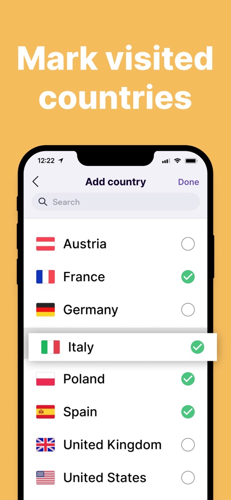 been: track visited countries - Users can easily mark their visited destinations through the intuitive searchable list of countries, featuring quick checkmark selections to update their travel record.
