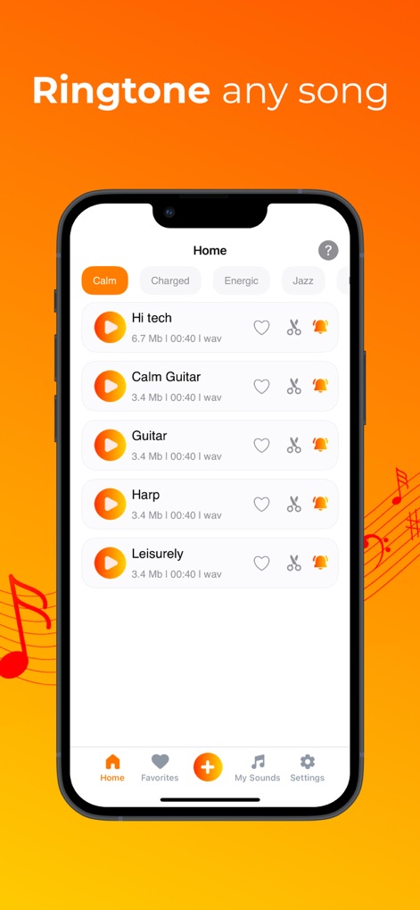 Nota Ringtones - Users can explore a wide selection of pre-made ringtones categorized by mood and quickly play or edit any sound directly from the main list.