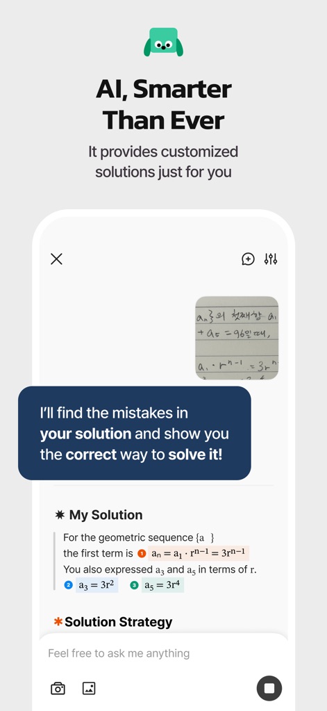QANDA: AI Math & Study Helper - The app demonstrates intelligent AI feedback, with an interactive chat bubble guiding users through corrections and a detailed "My Solution" section highlighting specific errors in their work.