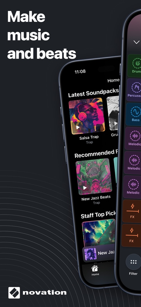 Launchpad - Music & Beat Maker - L'application présente une interface conviviale pour découvrir une multitude de soundpacks, avec des sections clairement organisées comme "Latest Soundpacks" et une barre de navigation intuitive offrant un accès rapide aux fonctionnalités clés.