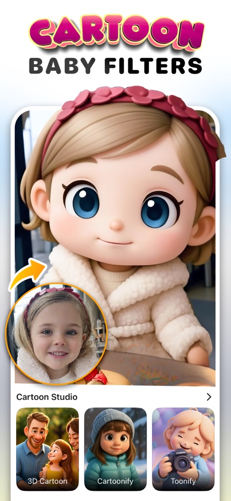 Cosplay: Future Baby Generator - Explore the app's Cartoon Baby Filters, demonstrating how users can transform realistic baby photos into charming animated characters using various cartoon styles.
