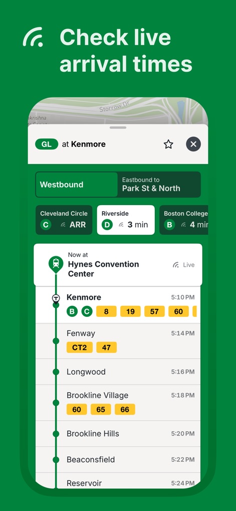 MBTA Go — Official - Questo strumento permette di visualizzare gli arrivi in tempo reale per le diverse linee, evidenziando il convoglio attualmente in viaggio e i minuti stimati per le fermate successive.