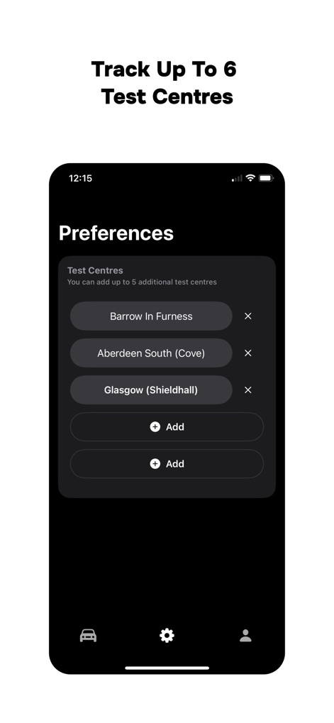Beep: Driving Cancellations UK - 이 도구는 사용자가 최대 6개의 시험장을 효과적으로 추적할 수 있도록 "테스트 센터" 목록을 제공하며, "추가" 버튼을 통해 새로운 센터를 유연하게 관리할 수 있습니다.