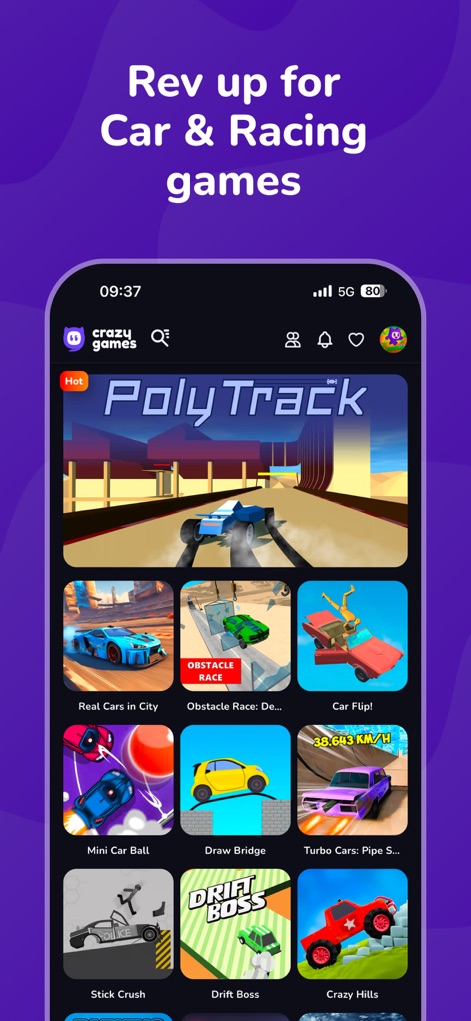 CrazyGames: Play 1500+ Games - Gli amanti della velocità possono trovare una vasta gamma di giochi di corse e auto, come mostrato dalla copertina di 'PolyTrack' e dalle numerose miniature di titoli automobilistici sottostanti, alcuni contrassegnati come 'Hot'.
