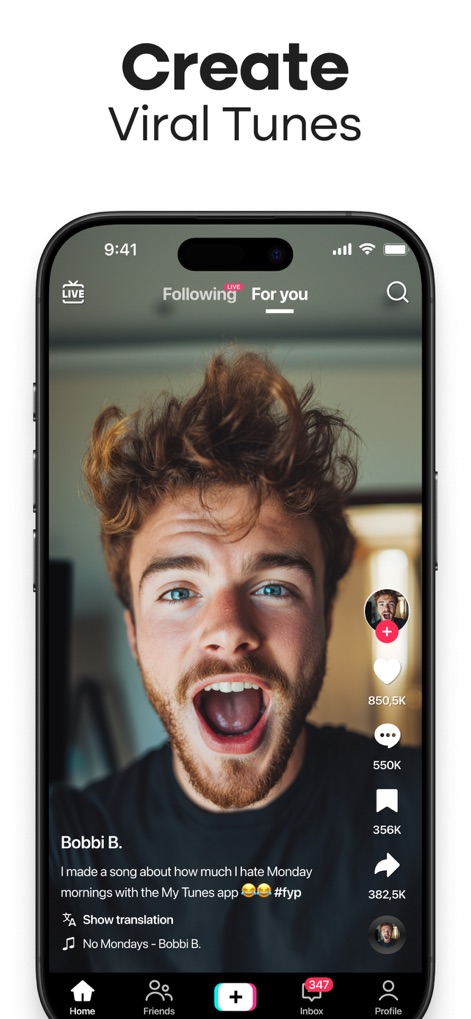 MyTunes : AI Music Generator - This platform encourages users to share their musical creations on a social feed, which prominently displays engagement metrics such as likes and comments.