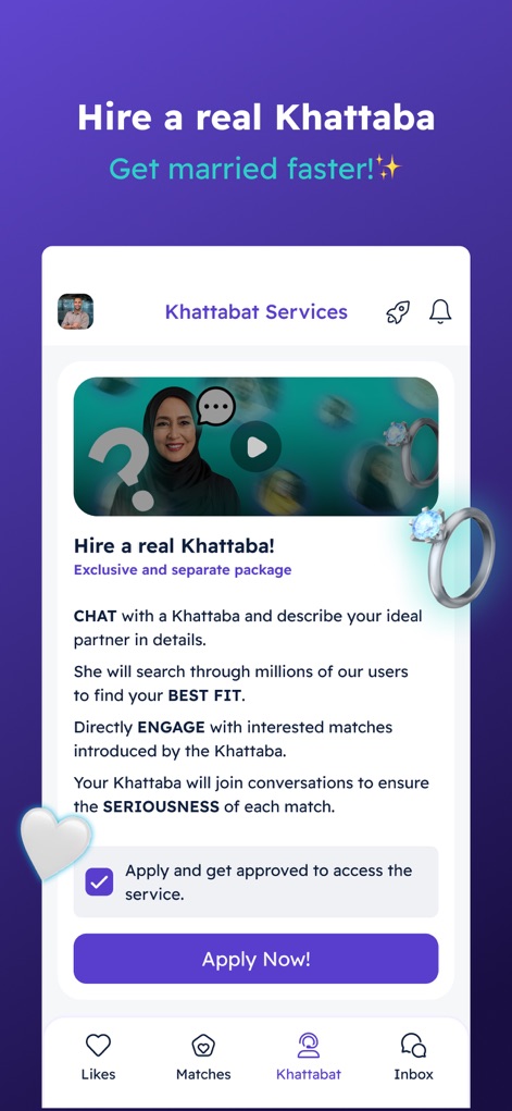 AlKhattaba - Muslim Marriage - This premium service offers expert matchmaking aid, featuring an informative video thumbnail and a prominent "Apply Now!" call to action for personalized guidance.