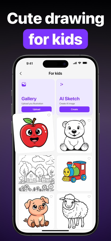 ARtie Lab: AR Drawing & Sketch - The app provides a dedicated 'For kids' section, featuring easy-to-follow, simple, and cute drawing templates for younger artists.