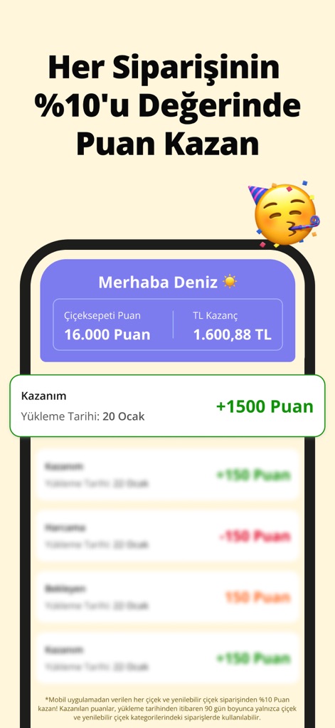 Çiçeksepeti - Çiçek & Hediye - Cet outil permet aux utilisateurs de cumuler 10% de la valeur de chaque commande en points et de suivre leur solde détaillé, incluant les gains récents de 1500 points.