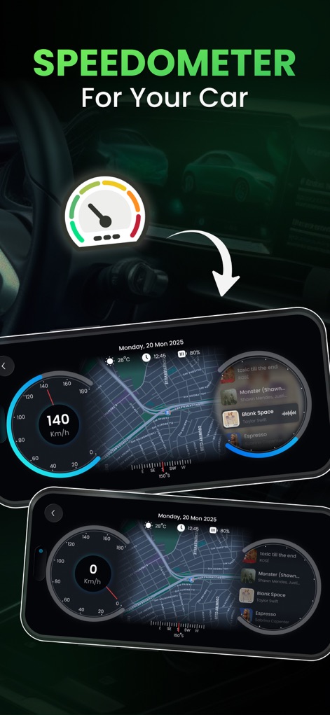 Car.Play Connect: Smart Sync - The app features a precise digital speedometer, providing live speed readings and offering integration with navigation and music interfaces.
