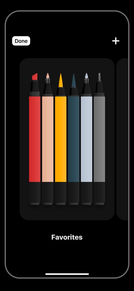 Flow: Note Taking & Sketchbook - This view demonstrates the convenience of creating personalized 'Favorites' collections, allowing users to quickly access their preferred tool types and specific color palettes for efficient workflow.