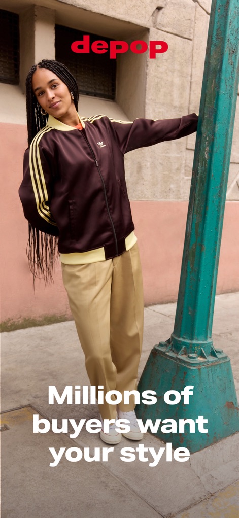 Depop - Buy & Sell Clothes - The app connects sellers with a vast audience, featuring users expressing unique styles and highlighting the potential to reach 'Millions of buyers'.