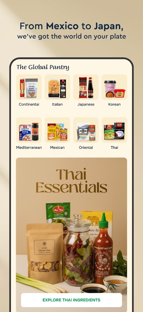 Nature's Basket - Gli utenti possono scoprire un "The Global Pantry" organizzato per categorie che spaziano dal "Continental" al "Japanese", e approfondire specifiche tradizioni culinarie come mostrato nella sezione dedicata "Thai Essentials" con i suoi ingredienti.