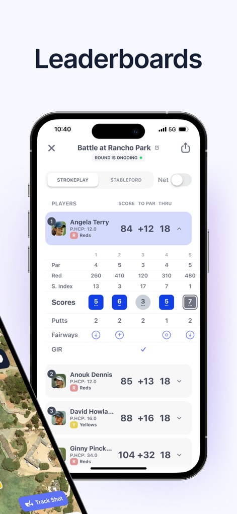 Hole19: Golf GPS Range Finder - This feature presents real-time leaderboards showing player scores per hole and allows toggling between game modes like Strokeplay and Stableford.