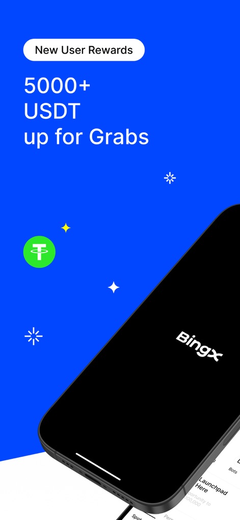 BingX Pro - The app immediately highlights lucrative new user rewards and showcases its sleek mobile interface, inviting exploration of the trading platform.