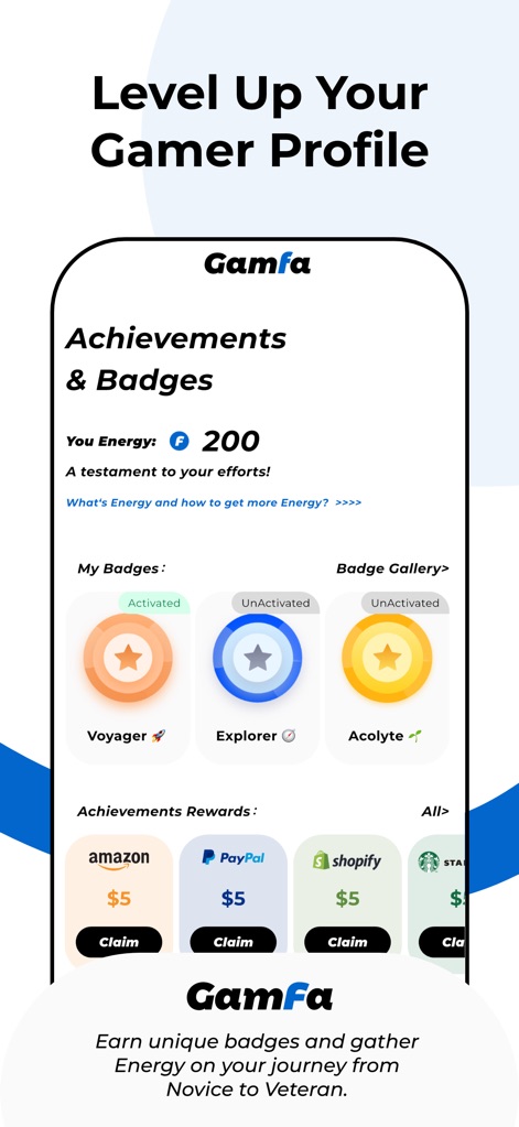 GamFa: Notes, Games & Perks - The app showcases earned "Energy" points and active "Badges", alongside a clear display of available "Achievements Rewards" from various platforms.