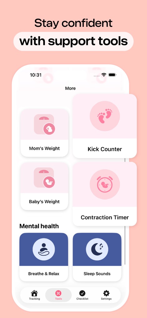 Pregnancy Tracker, Due Date - The app presents a comprehensive suite of practical support tools, including a dedicated Kick Counter and an essential Contraction Timer for active monitoring.