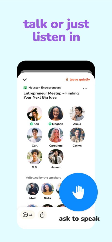 Clubhouse App Store screenshot 3, headline “talk or just listen in”. Zoomed detail of the UI.