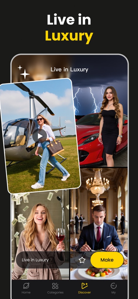 AI Movie Generator - KakaPic - 「Live in Luxury」テンプレートを通して、ヘリコプターに乗る姿や高級車を背景にしたシーンなど、贅沢な生活を視覚的に体験できる多様なコンテンツが提供されています。